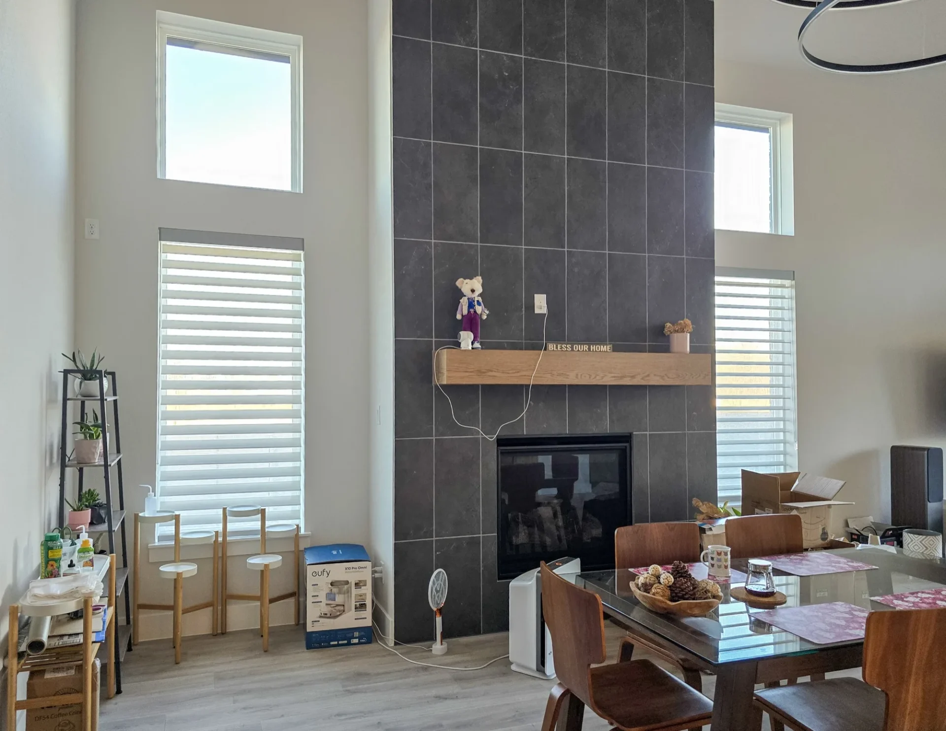Arapaho light grey blackout zebra shades installed in a McKinney, TX home