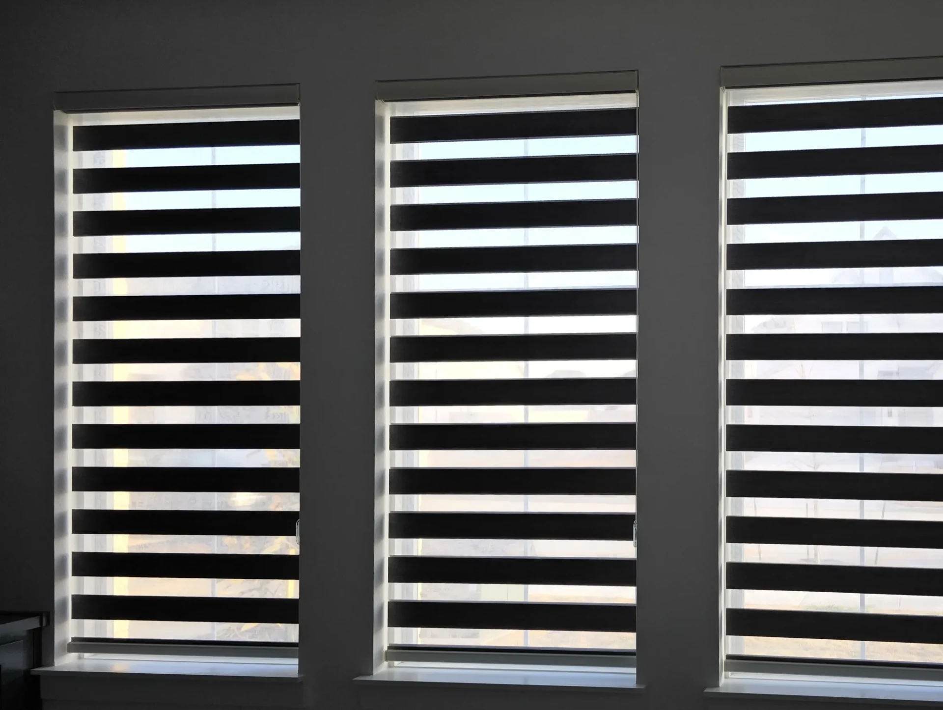 Independence beige blackout zebra shades installed in a McKinney, TX home