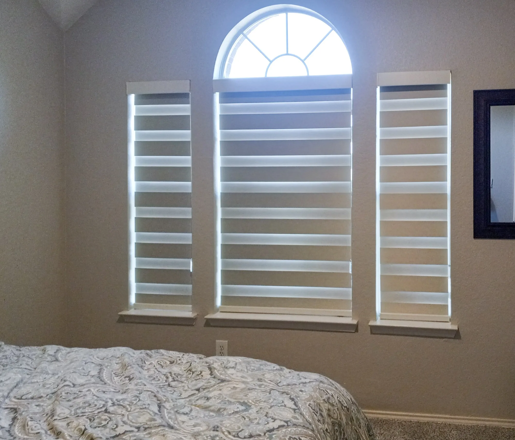 Mushroom zebra shades in a Frisco, TX bedroom