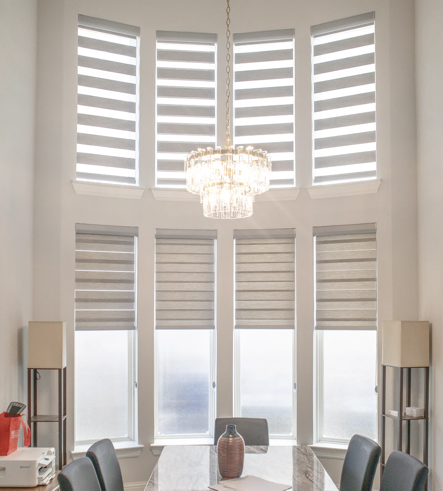 Zebra shades on a bay window in a Dallas-area dining room