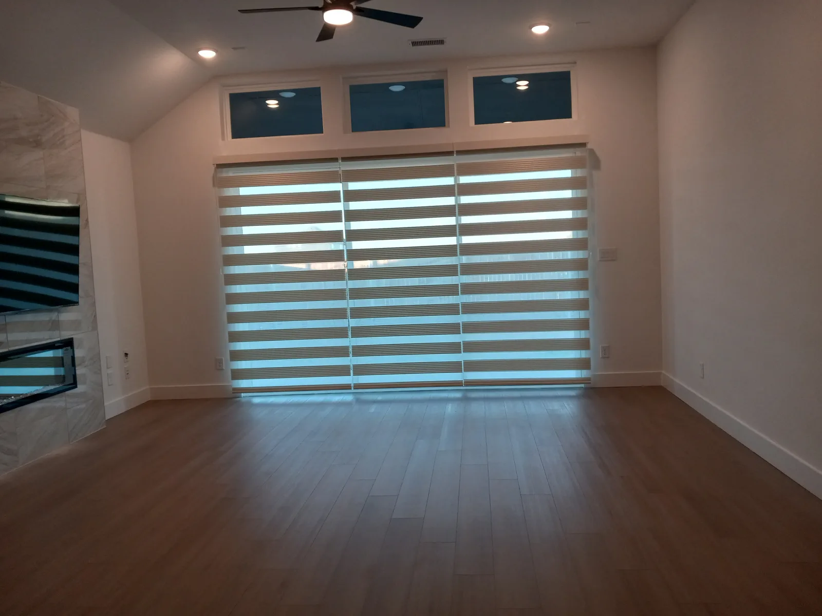 Zebra shades over a sliding glass door in a living room